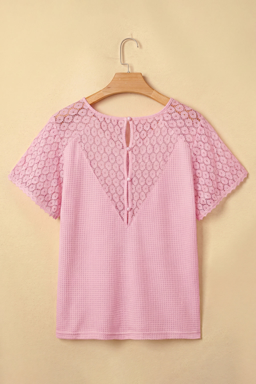 Beige Lace Splicing Button Cutout V Neck Waffle Knit Blouse