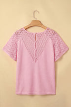 Beige Lace Splicing Button Cutout V Neck Waffle Knit Blouse