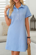 Sky Blue Solid Color Textured Short Sleeve A Line Mini Dress