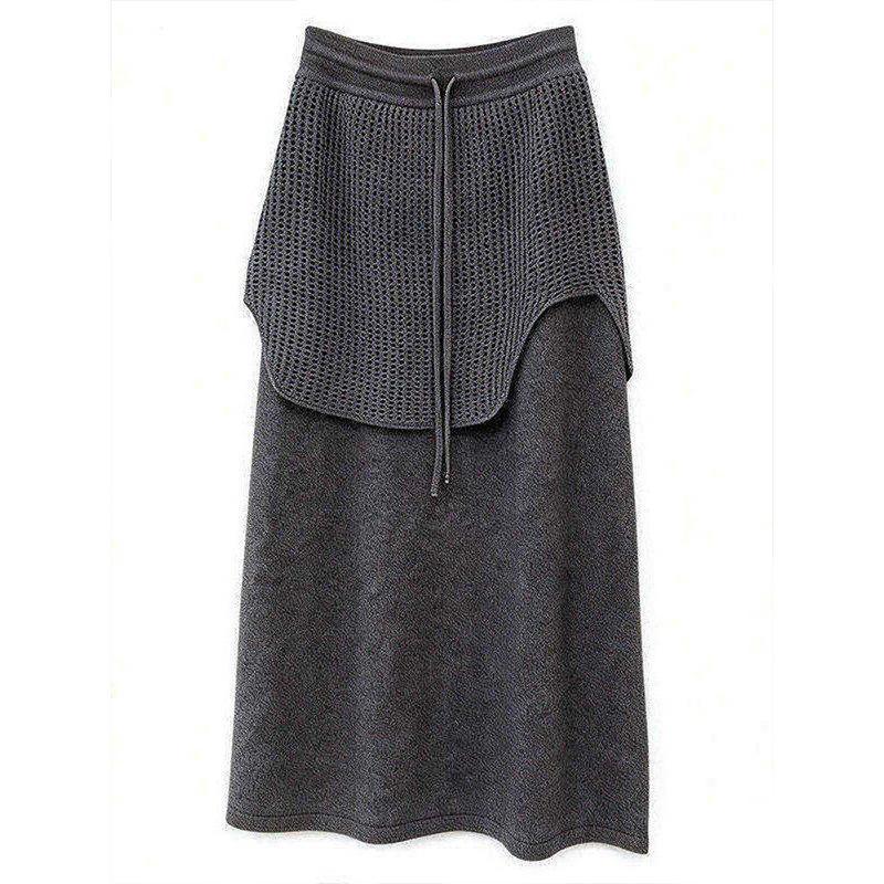 Design-Inspired Spliced Dark Gray Knit Drawstring Waist Maxi Skirt for Women