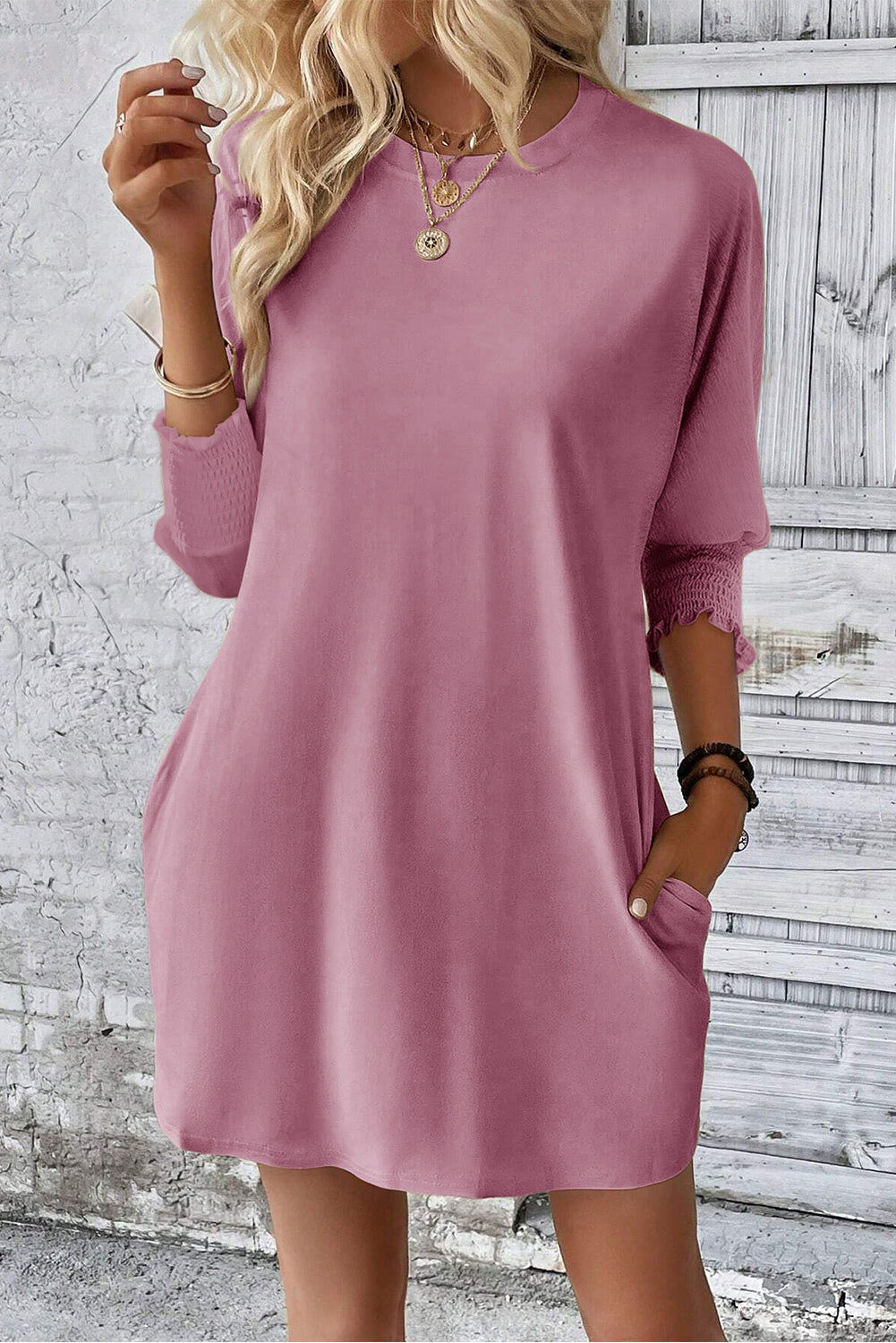 Pink Shirred Cuff 3/4 Sleeve T Shirt Mini Dress
