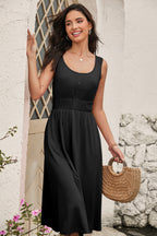 Black Button Shirred High Waist Sleeveless Midi Dress