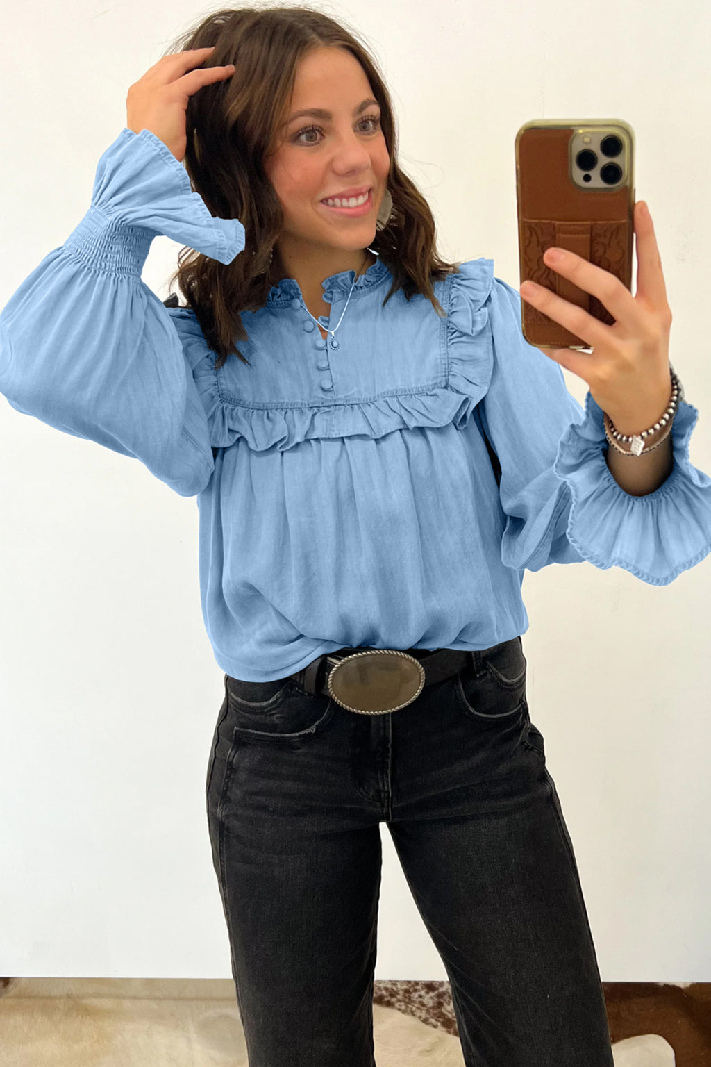 Beau Blue Western Ruffle V Neck Long Sleeve 100% Cotton Chambray Blouse