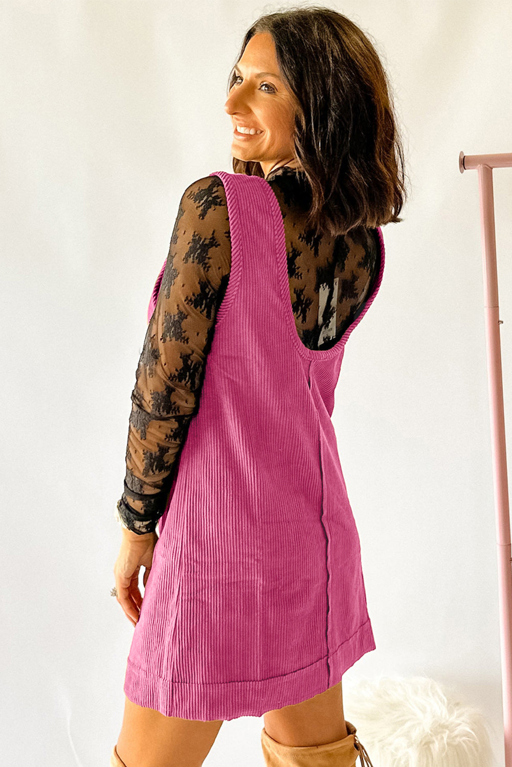 Black Corduroy Exposed Seam Sleeveless Mini Dress