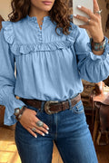 Beau Blue Western Ruffle V Neck Long Sleeve 100% Cotton Chambray Blouse