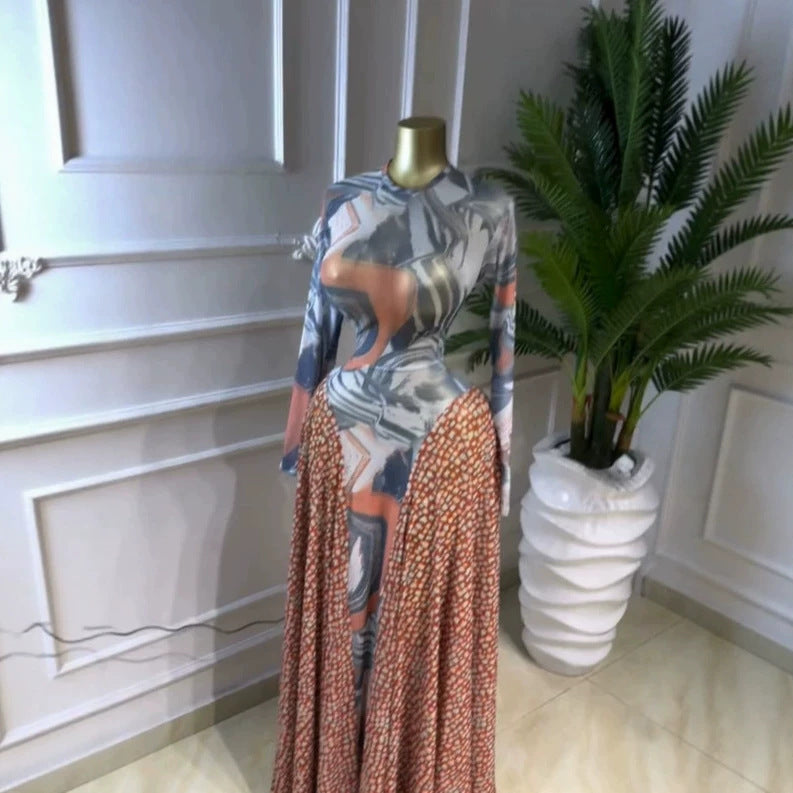 Printed Long Sleeve Sheer Mesh Elegant Long Dress