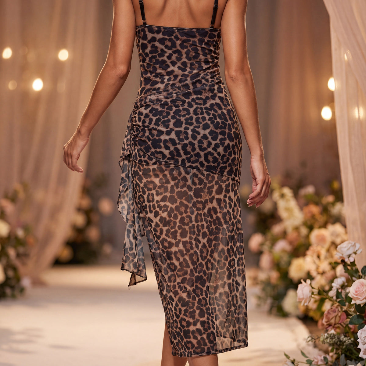Leopard print chest wrapped suspender long dress