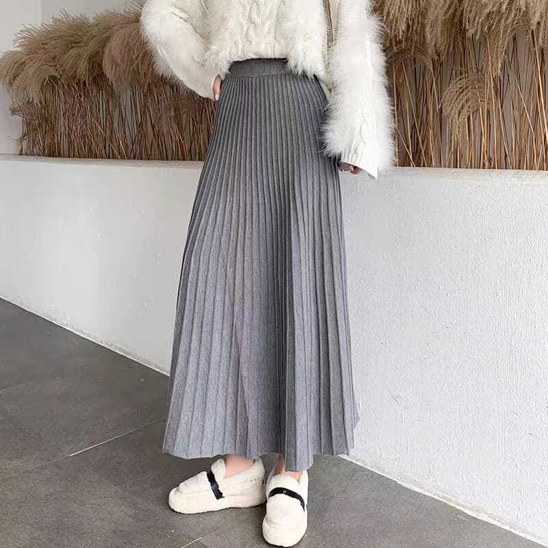 Casual High Waist Pleated Knitted Long Skirt for Women