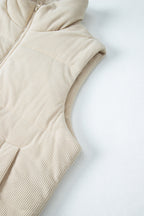 Beige Corduroy Stand Neck Zipped Puffer Vest