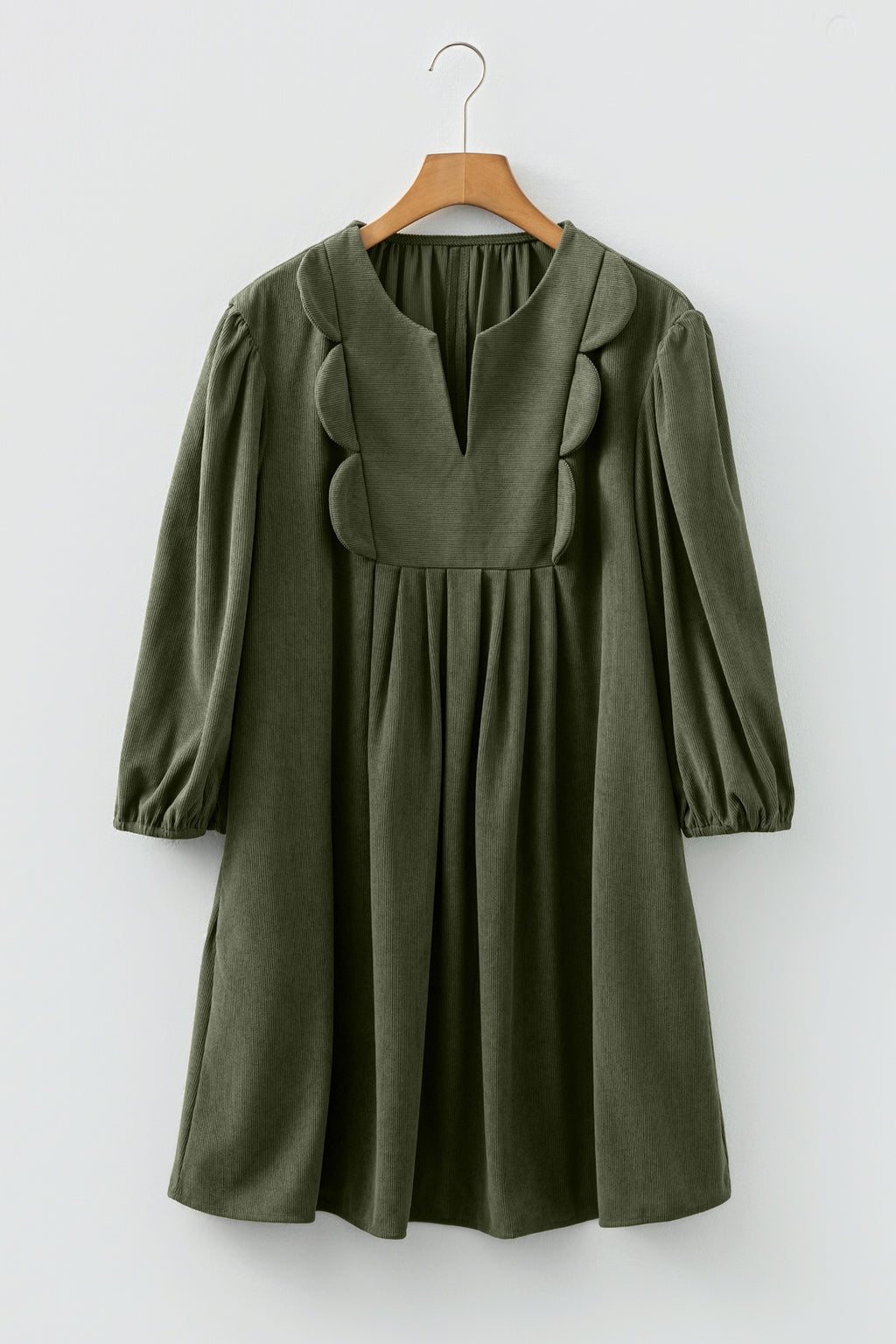 Moss Green Split Neck Scallop Detail Pleated Corduroy Mini Dress