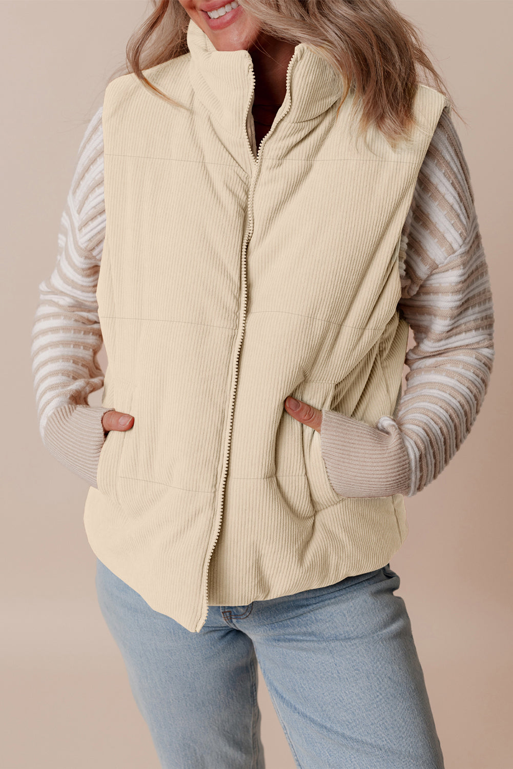 Beige Corduroy Stand Neck Zipped Puffer Vest