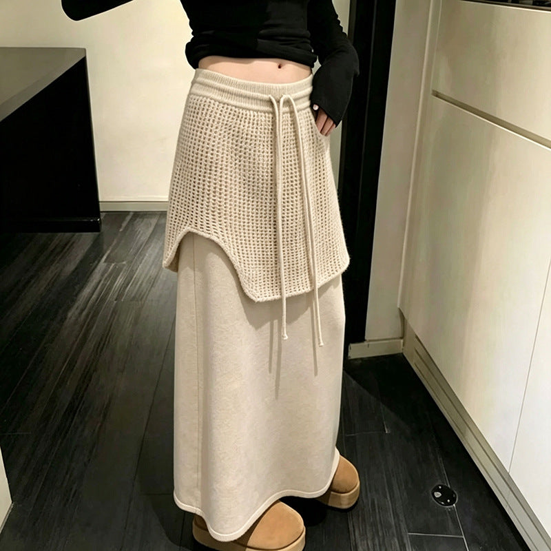 Design-Inspired Spliced Dark Gray Knit Drawstring Waist Maxi Skirt for Women