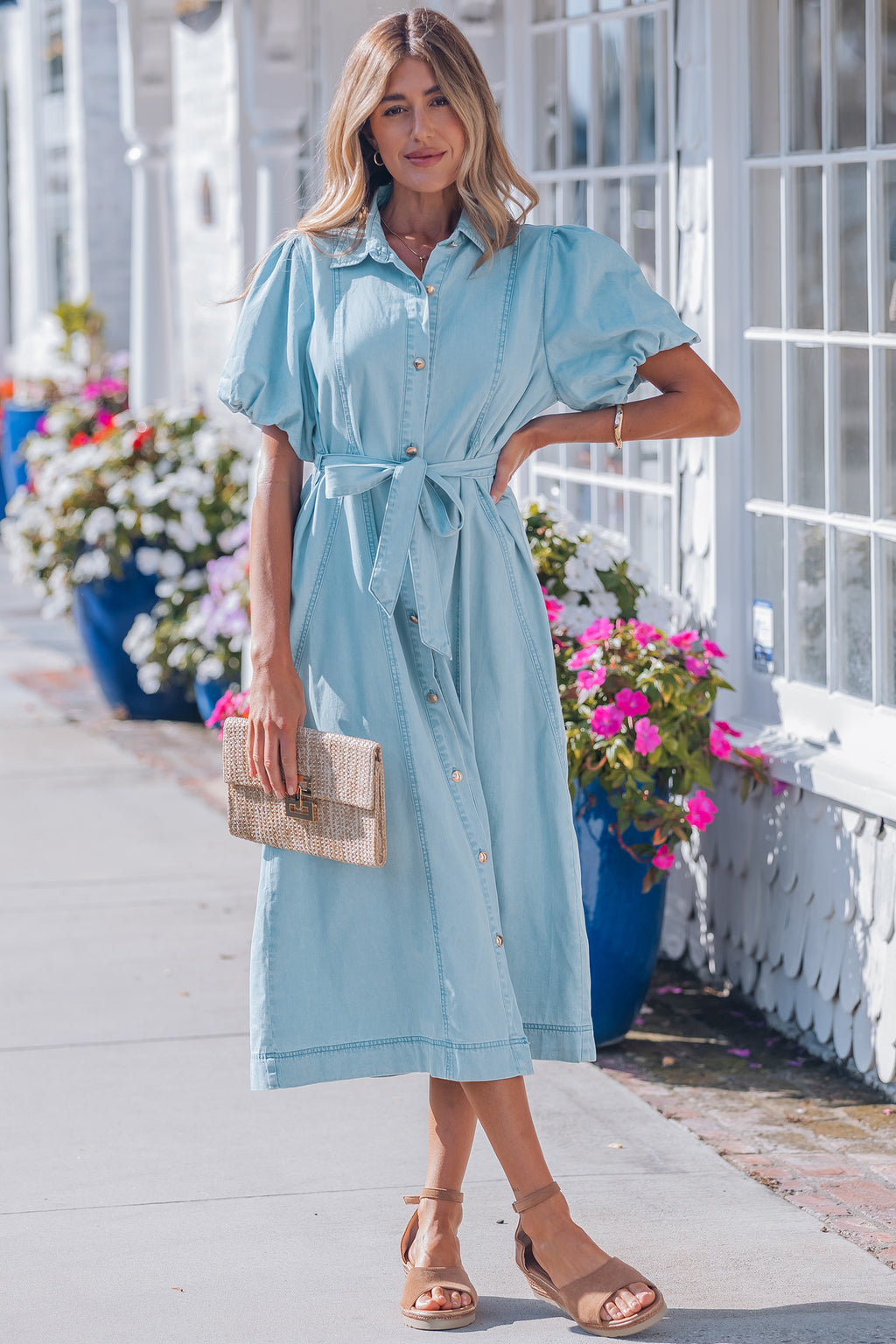 Sail Blue 100% Cotton Full Buttons Collared Short Bubble Sleeve Long Denim Dress