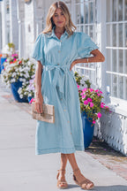 Sail Blue 100% Cotton Full Buttons Collared Short Bubble Sleeve Long Denim Dress