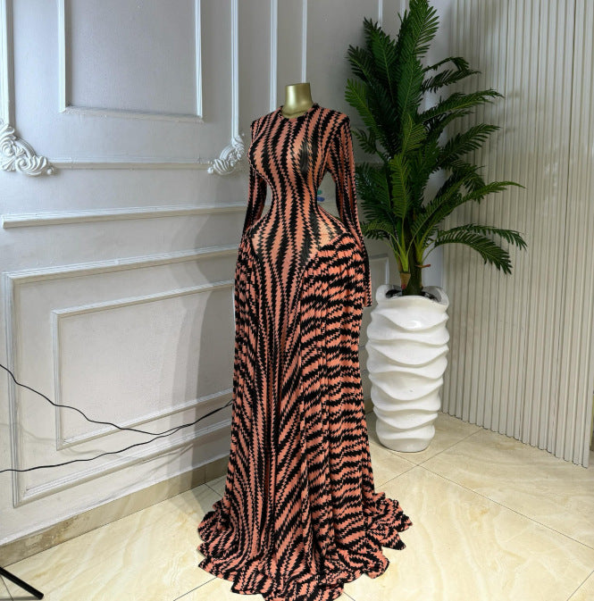 Printed Long Sleeve Hollow Out Mesh Vacation Maxi Dress