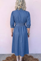 Blue 100% Cotton V Neck Shirred Waist Metal Zipper Denim Midi Dress