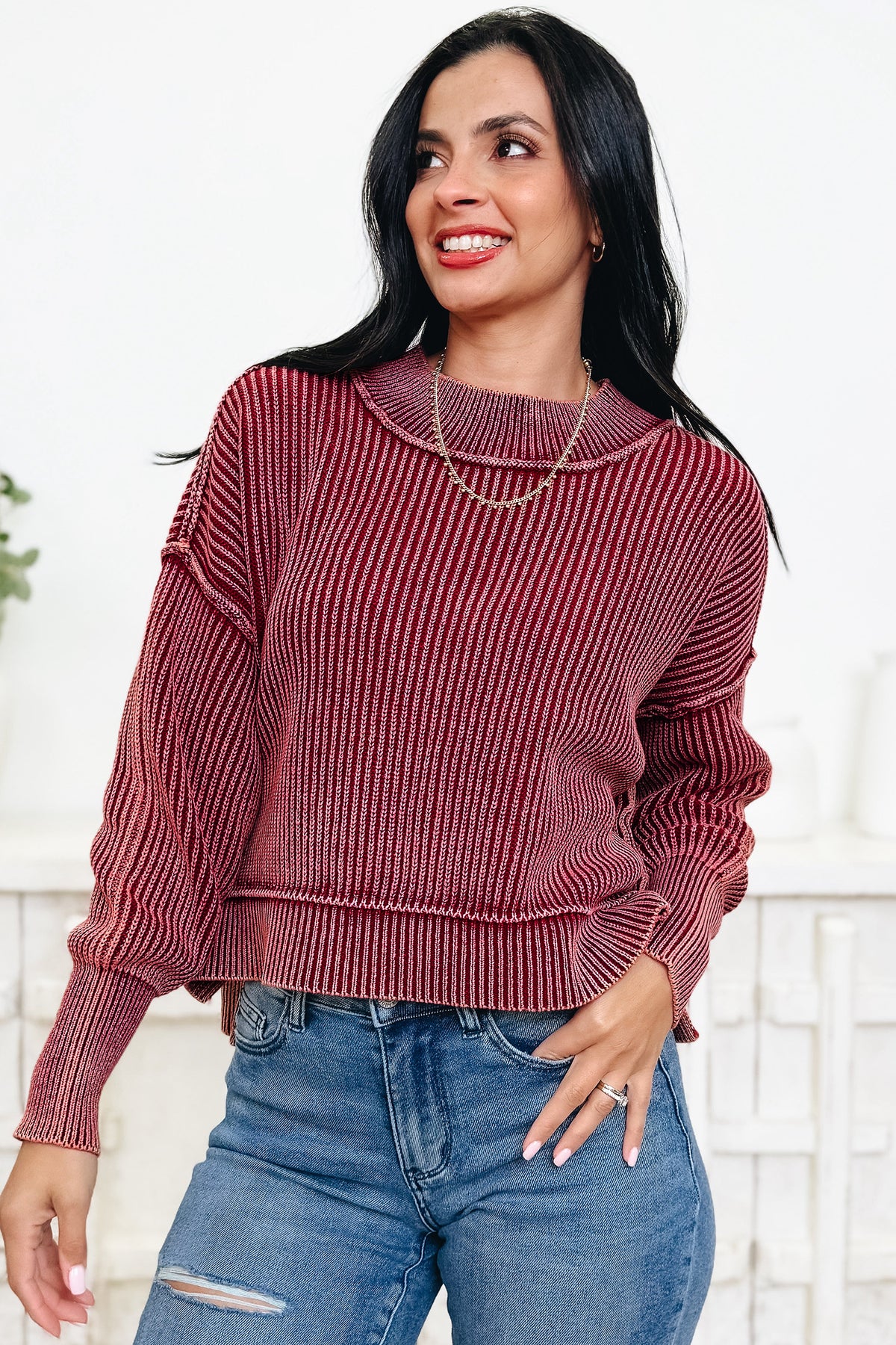 Red Dahlia 100% Cotton Drop Shoulder High Neck Ribbed Sweater