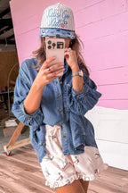 Dusk Blue Three Quarter Sleeve Button Front Loose Denim Shirt