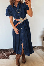 Sail Blue 100% Cotton Full Buttons Collared Short Bubble Sleeve Long Denim Dress