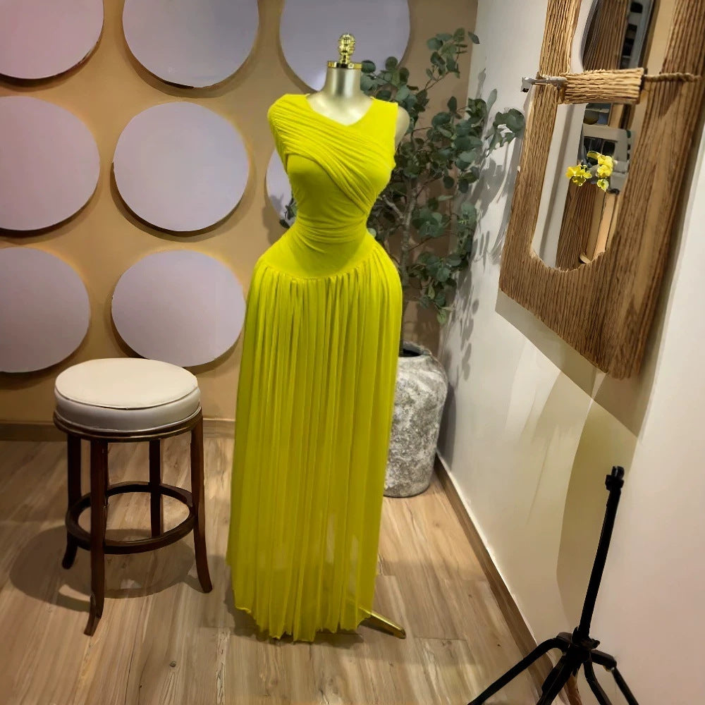 Sleeveless Pleated Mesh Long Formal Dress