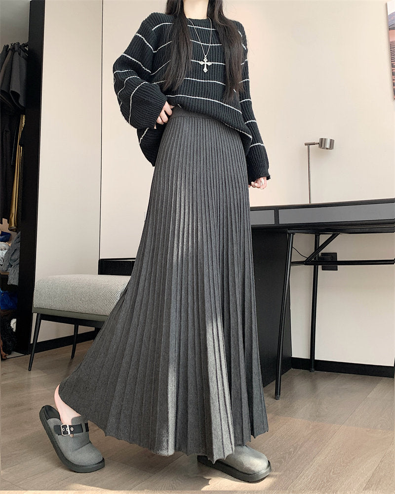 Casual High Waist Pleated Knitted Long Skirt for Women