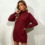 High neck loose woolen dress