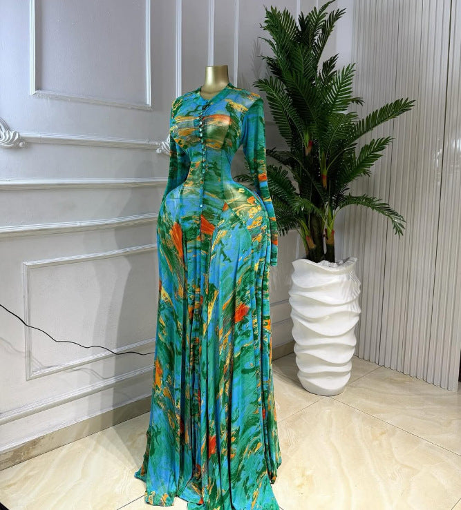Tie-Dye Print Long Sleeve Mesh Sexy Maxi Dress
