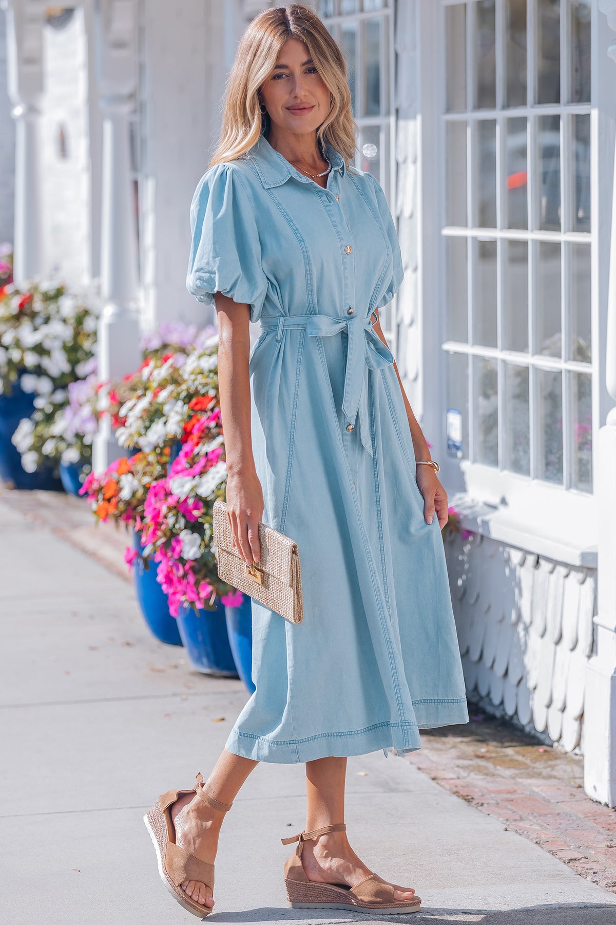 Sail Blue 100% Cotton Full Buttons Collared Short Bubble Sleeve Long Denim Dress