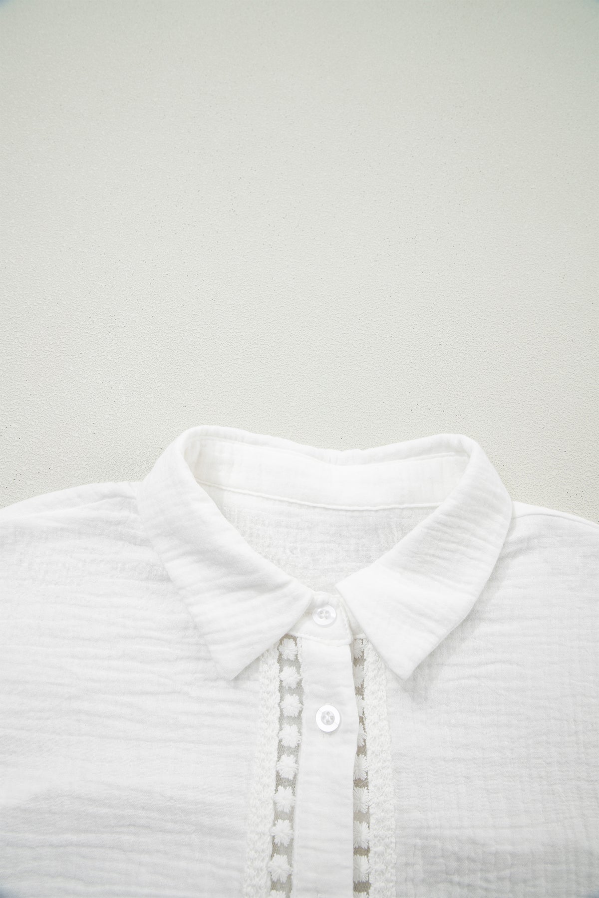 White Lace Trim Cuffed Short Sleeve Textured Shirt