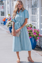 Sail Blue 100% Cotton Full Buttons Collared Short Bubble Sleeve Long Denim Dress