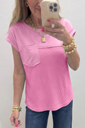 Pink Solid Color Raw Seam Waffled Patchwork Casual T Shirt