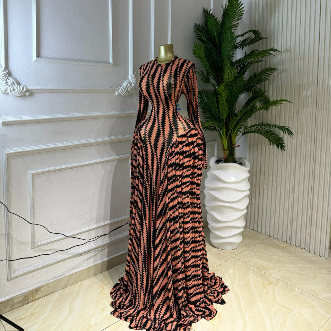 Printed Long Sleeve Hollow Out Mesh Vacation Maxi Dress