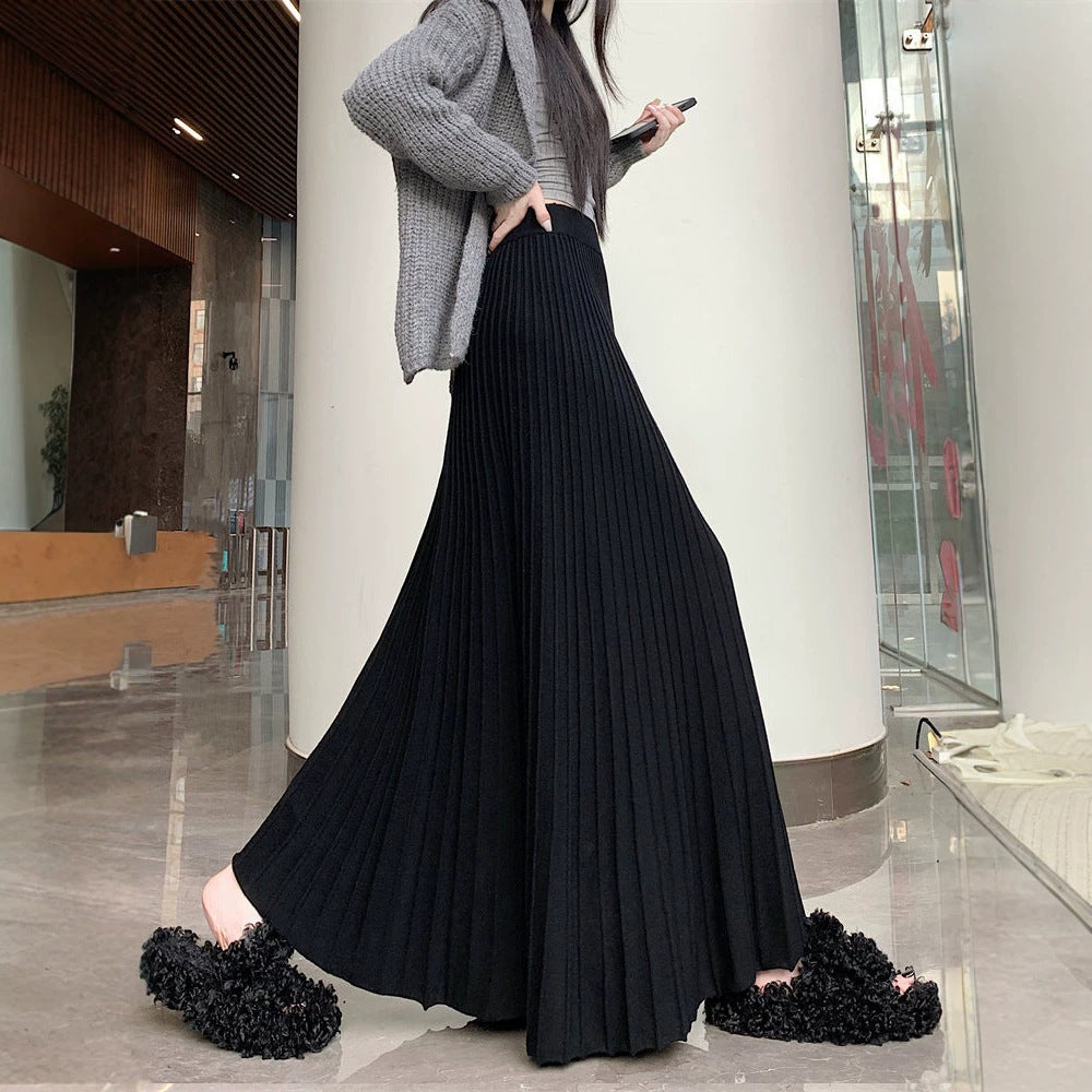 Casual High Waist Pleated Knitted Long Skirt for Women
