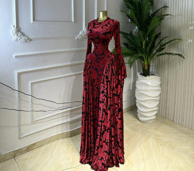 Printed Long Sleeve Hollow Out Mesh Vacation Maxi Dress