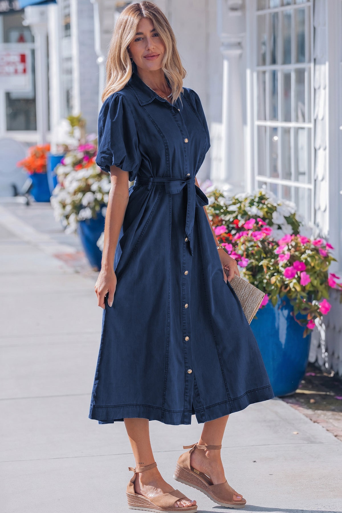 Sail Blue 100% Cotton Full Buttons Collared Short Bubble Sleeve Long Denim Dress