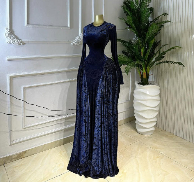 Printed Long Sleeve Hollow Out Mesh Vacation Maxi Dress