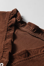 Coffee Solid Color Ruffle Trim V Neck Long Sleeve Button Corduroy Shakcet