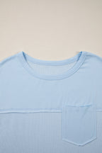 Pink Solid Color Raw Seam Waffled Patchwork Casual T Shirt