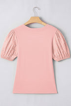 Light Pink Ribbed Pearl Beaded Puff Sleeve Top