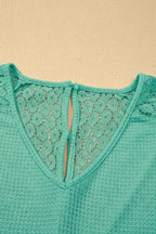 Beige Lace Splicing Button Cutout V Neck Waffle Knit Blouse