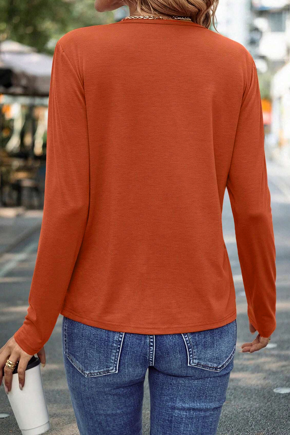 Red Clay Asymmetric Seam Detail Solid Color Long Sleeve Top