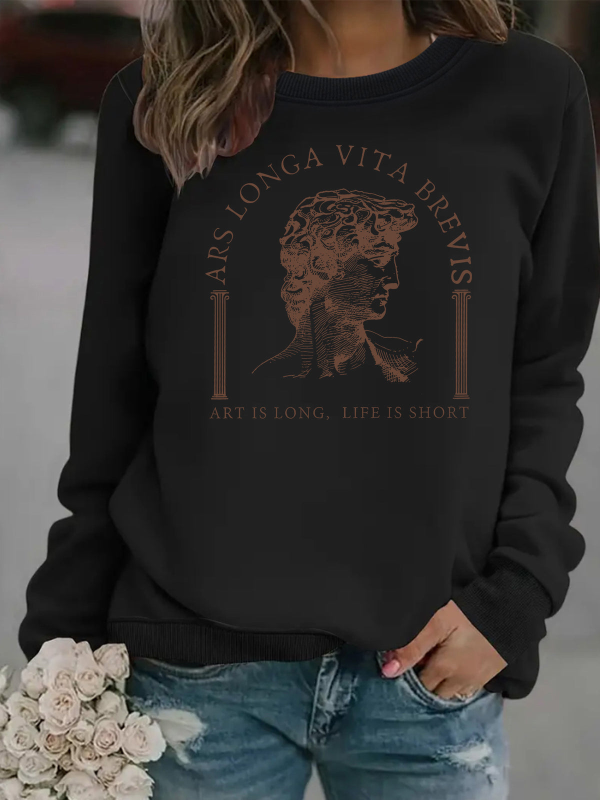 Life Hardship Short Pattern Printed Round Neck Velvet Hoodie