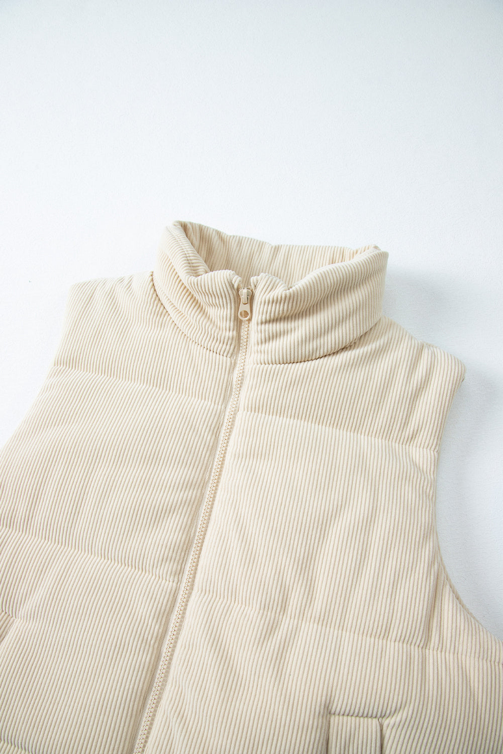 Beige Corduroy Stand Neck Zipped Puffer Vest