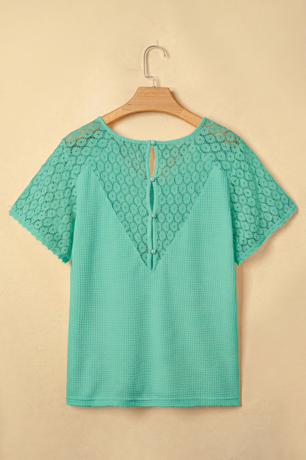 Beige Lace Splicing Button Cutout V Neck Waffle Knit Blouse