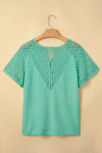 Beige Lace Splicing Button Cutout V Neck Waffle Knit Blouse