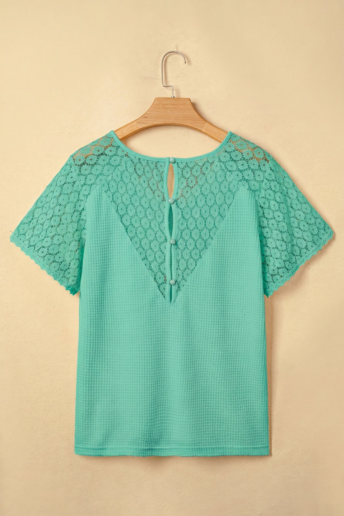 Beige Lace Splicing Button Cutout V Neck Waffle Knit Blouse