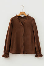 Coffee Solid Color Ruffle Trim V Neck Long Sleeve Button Corduroy Shakcet