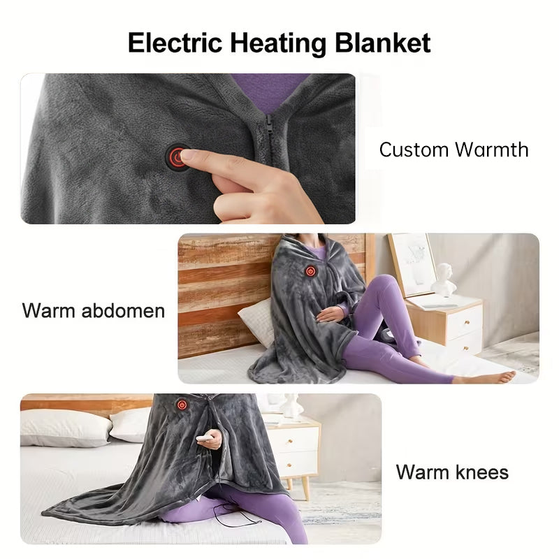Coral Velvet Heated Blanket Shawl – USB Fast Heating, 3 Levels, 8 Heating Areas, Wearable Heating Mat for Home