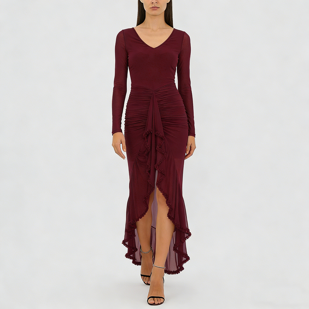 Women's Fashion V-neck Sheer Ruffle Skirt Dress