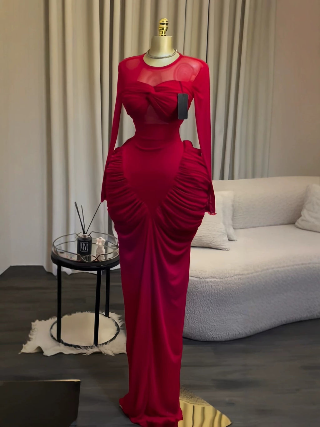 Chic Sexy Long Sleeve Ruched Mesh Slim Fit Bodycon Dress